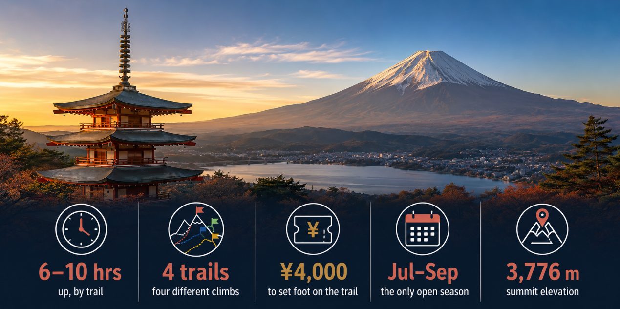 Mount Fuji at sunset behind a pagoda and Lake Kawaguchiko, with the key figures: 6–10 hours up depending on trail; 4 trails, four different climbs; ¥4,000 to set foot on the trail; July–September the only open season; 3,776 m summit elevation